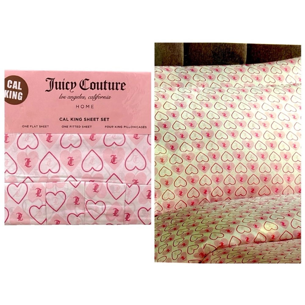 JUICY COUTURE POP ART TATTOO HEARTS CAL KING SHEET SET 6 PIECE PINK WHITE LOGO